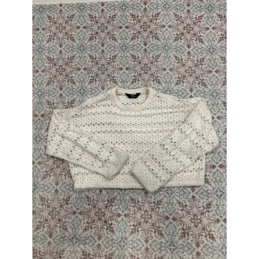 Max Urban Ivory Soiree11 Open Knit Eyelet Cropped Sweater XL 16
